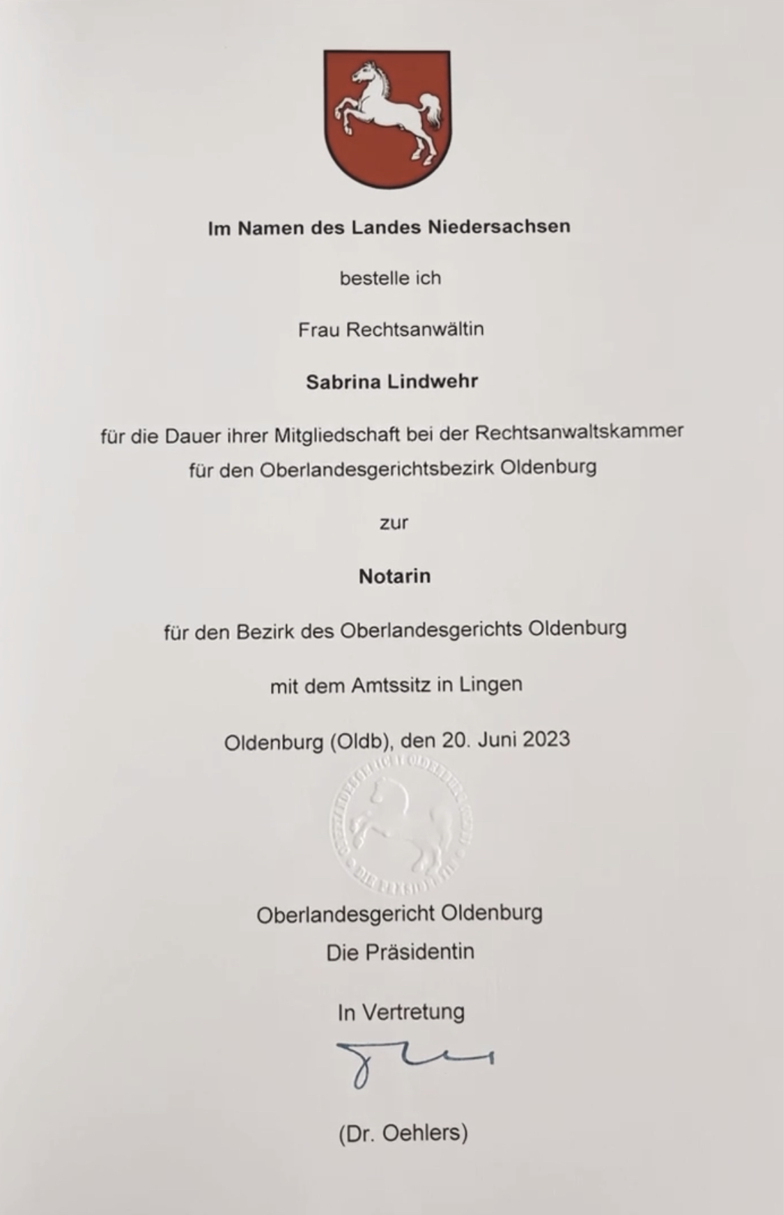 Urkunde Bestallung Rechtsanwältin Sabrina Lindwehr zur Notarin 
