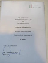 Urkunde der RAK Köln zur Fachanwaltschaft Familienrecht