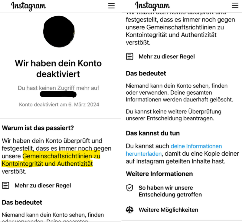 Instagram Konto gesperrt wegen Verstoß gegen Gemeinschaftsrichtlinien zur Kontointegrität und Authentizität