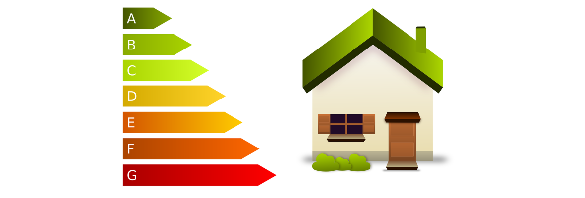 Grafische Darstellung der Energieeffizienzklassen von A bis G und Haus