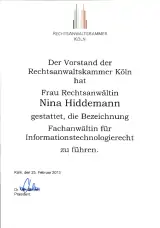 Verleihung des Titels Fachwalt für IT-Recht der Rechtsanwaltskammer Köln 