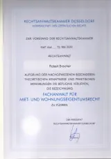Zertifikat der Rechtsanwaltskammer Düsseldorf - Fachanwalt für Miet- und Wohnungseigentumsrecht