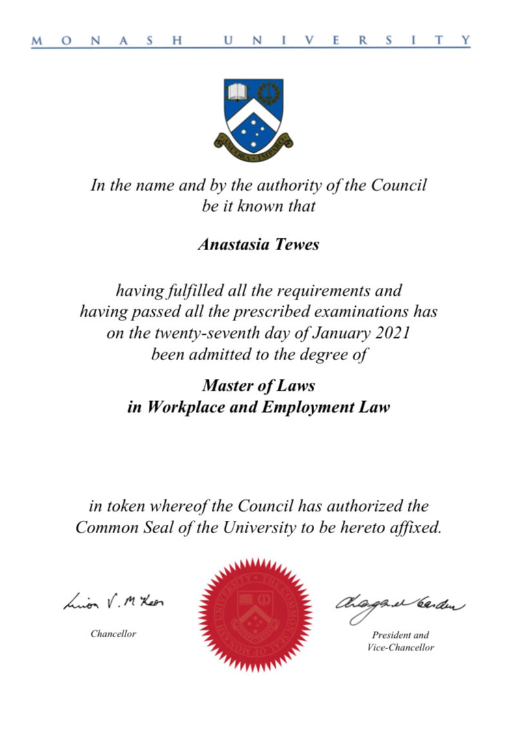 LL.M (Melbourne) Master of Workplace and Employment Law